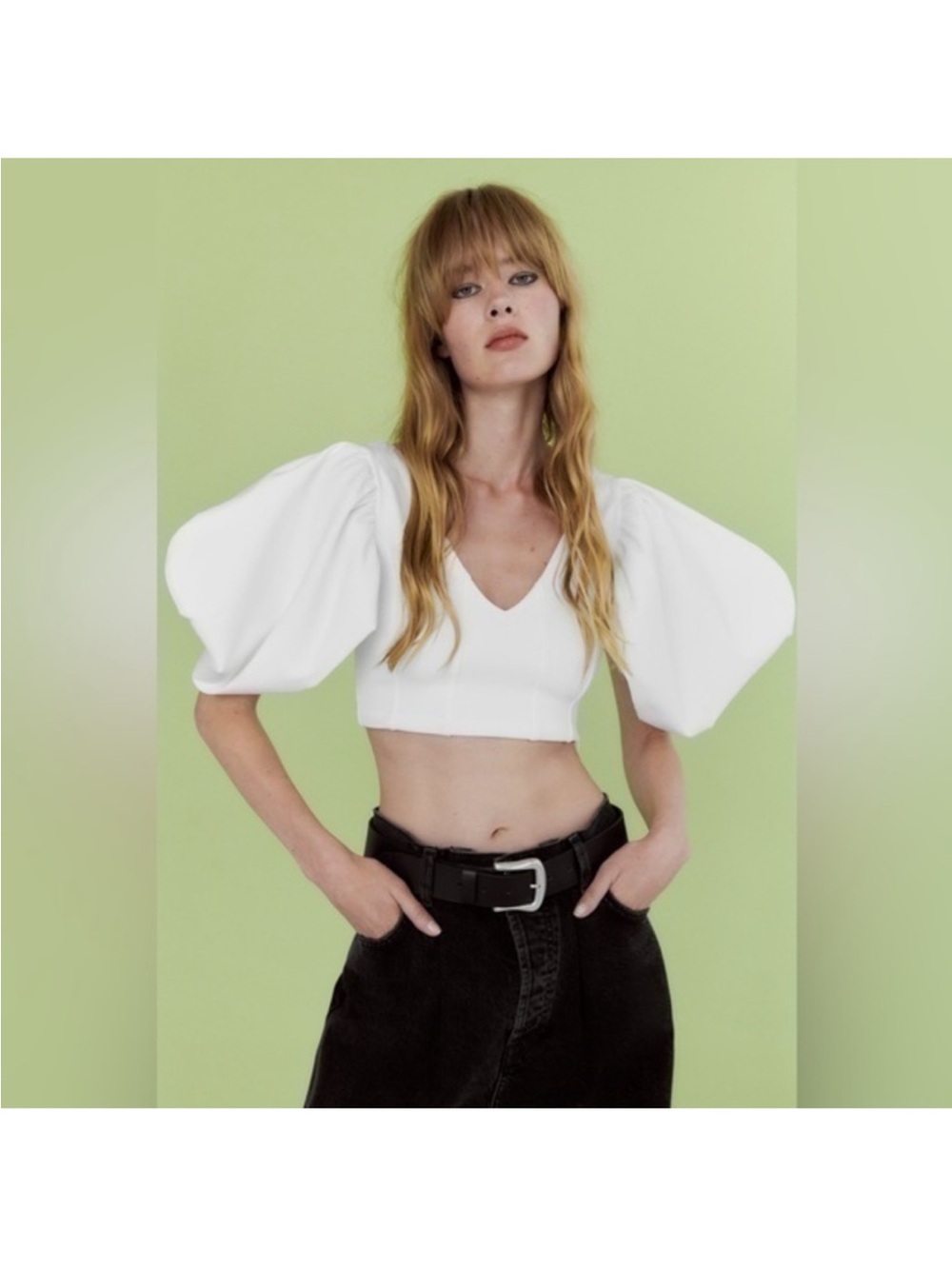 Zara White Puff-Sleeve V-Neck Cropped Top